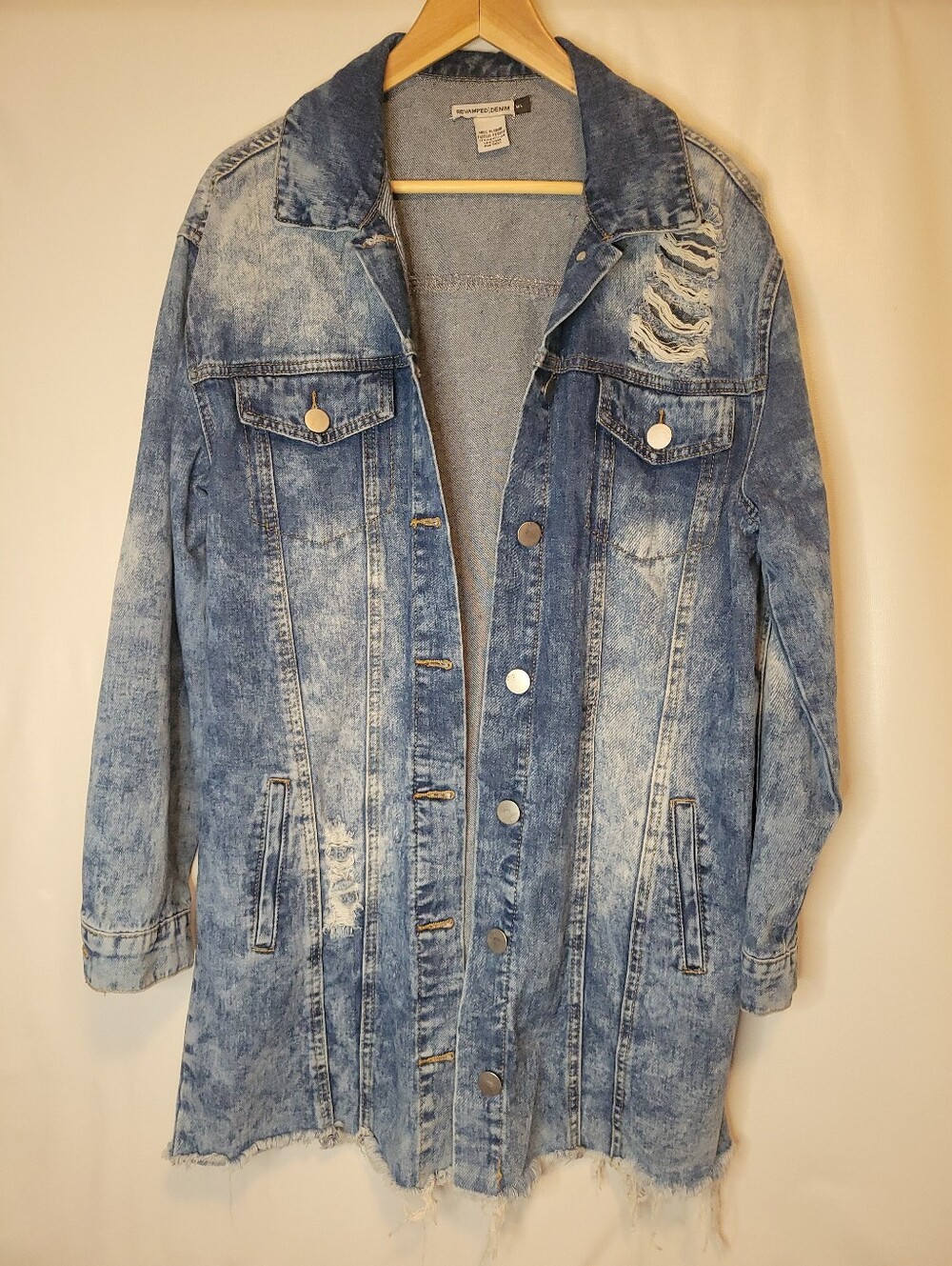 Revamped Light Blue Acid Wash Distressed Long Jean Jacket - Picture 2 of 7